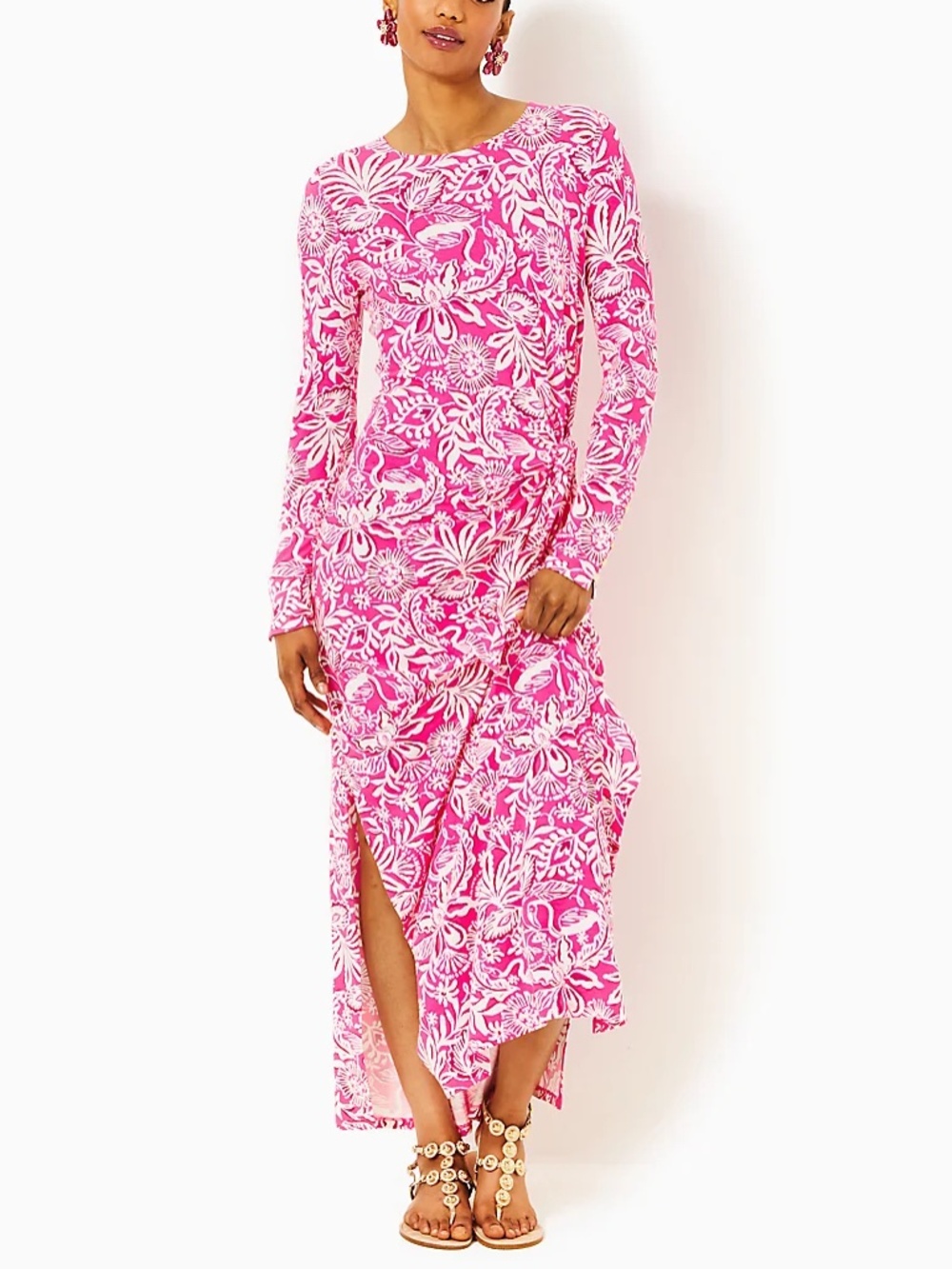 Lilly Pulitzer Womens Bryson Pink White Floral Long Sleeve Maxi Dress - size M